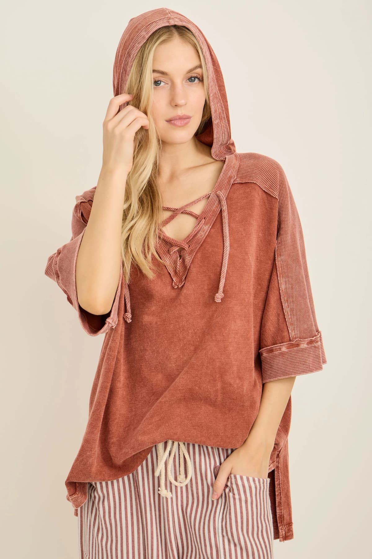 Mineral Wash Criss Cross Hoodie Top