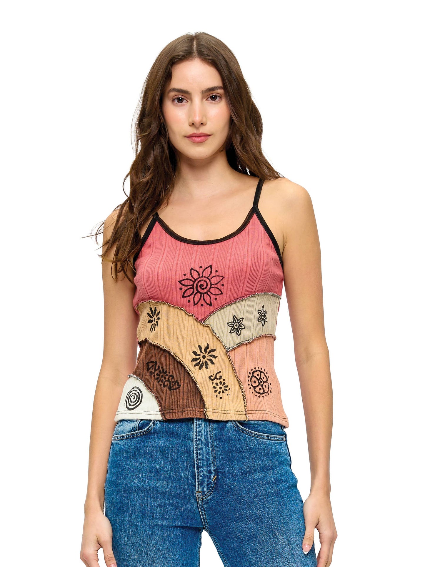 Boho Patchwork Ribbed Tank Top - Rust