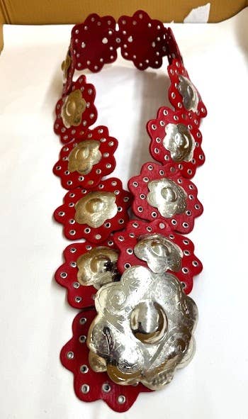 Handcrafted Red Flower Leather Belt