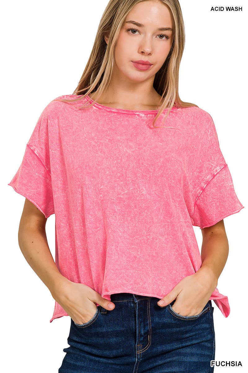 Washed Crew Neck Crop T-Shirt - Brush, Fushia