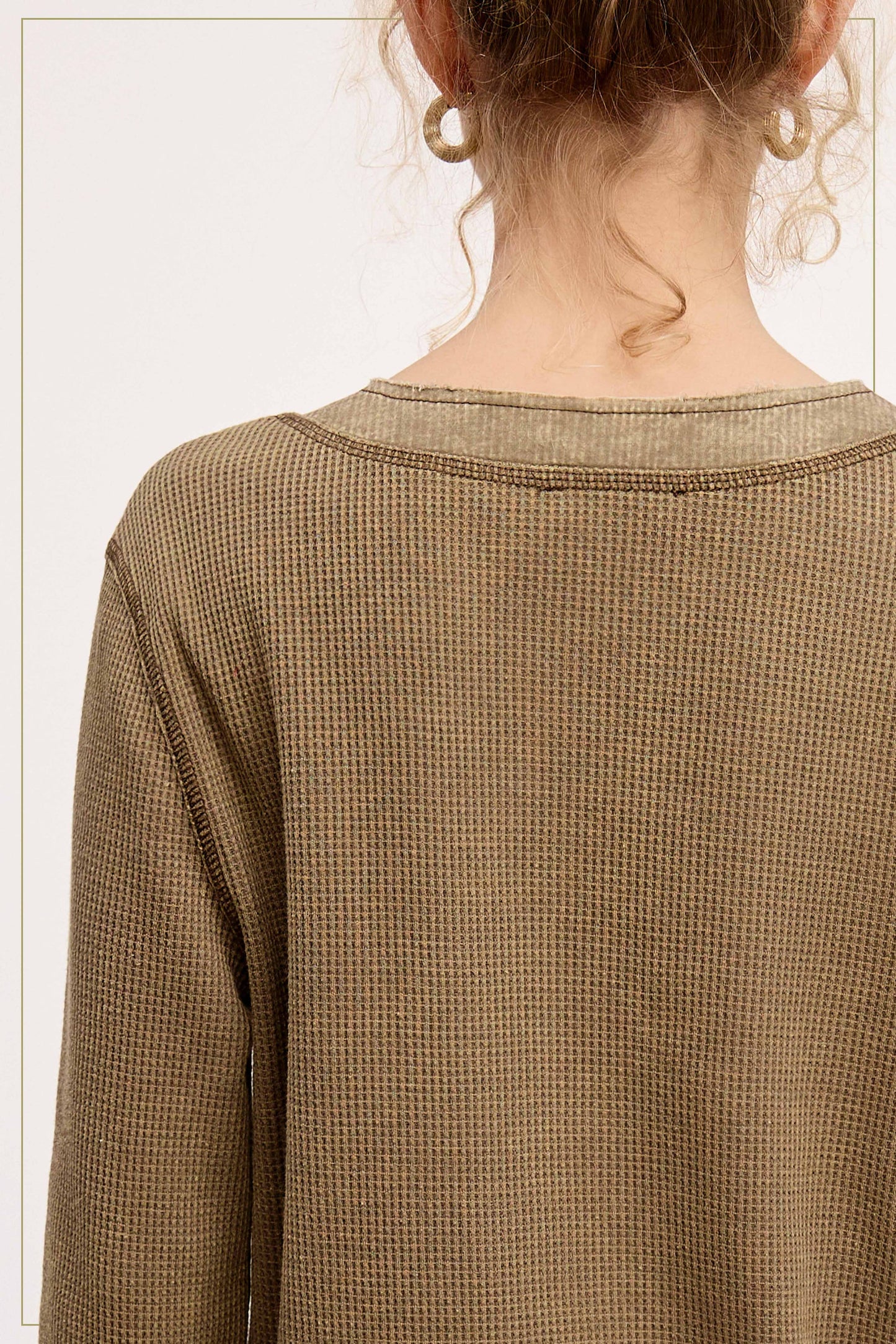 Waffle Long Sleeve Henley Thermal Top - Olive