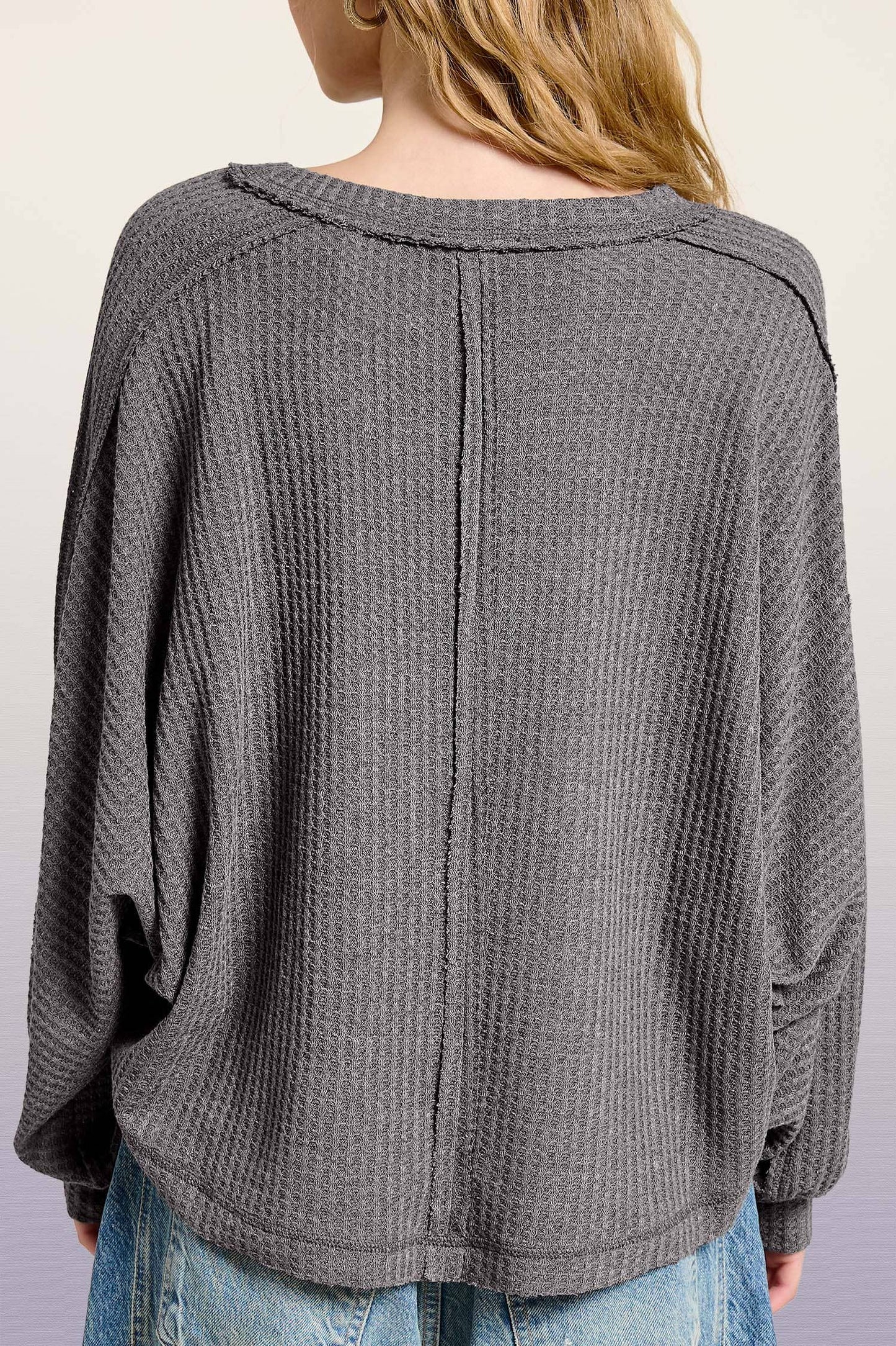 Brushed Waffle Loose Fit Long Sleeve Top - Ginger and Charcoal