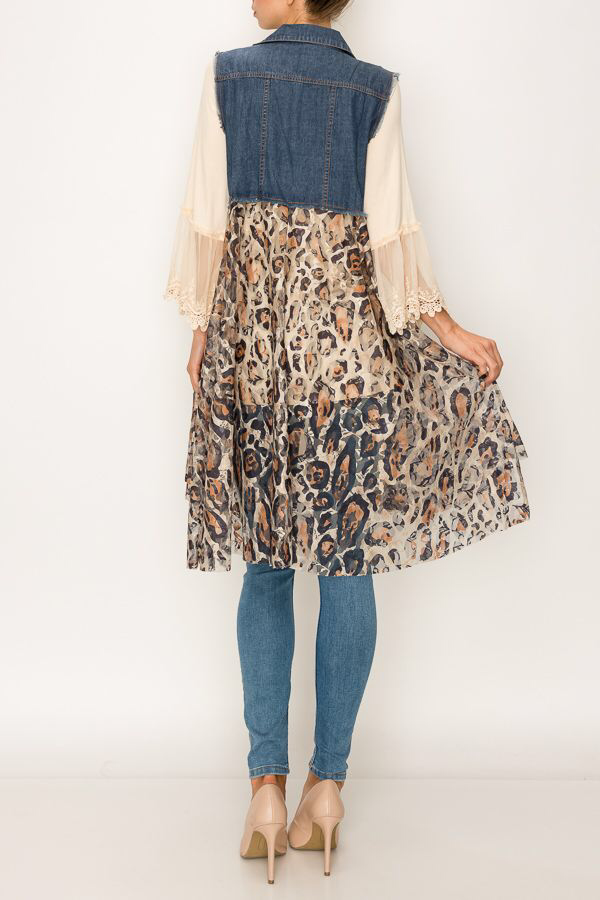 Denim Vest With Flowy Animal Print Lace
