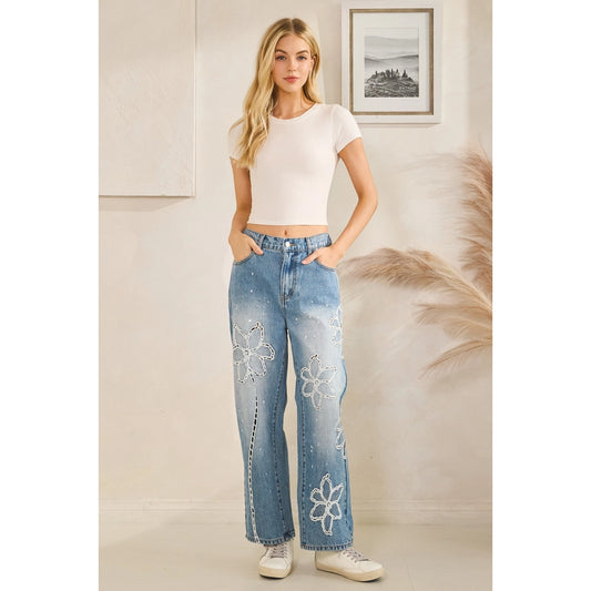 Washed Floral Embroidered Jeans