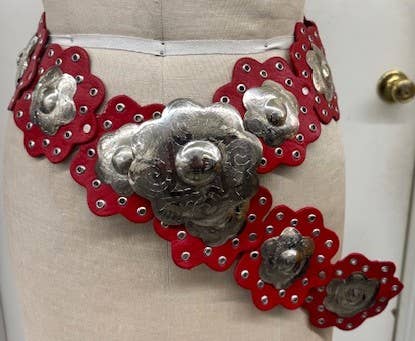 Handcrafted Red Flower Leather Belt