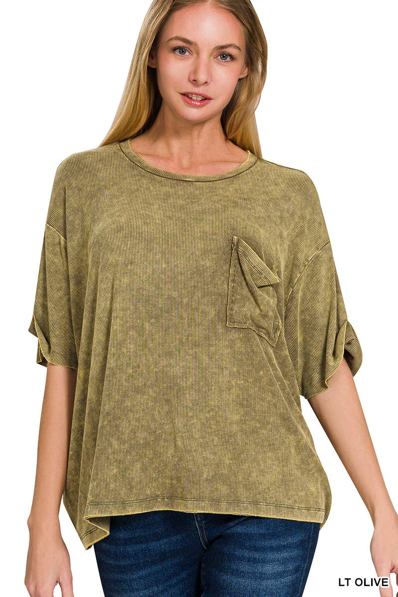 Washed Ribbed Cuffed Sleeve Top - Mocha, Light Olive