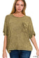 Washed Ribbed Cuffed Sleeve Top - Mocha, Light Olive