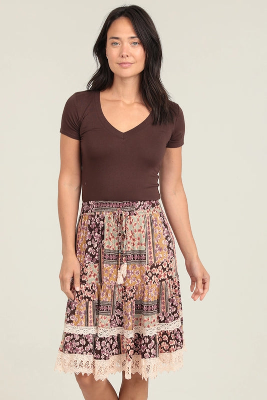 Tiered Lace Trim Midi Length Skirt