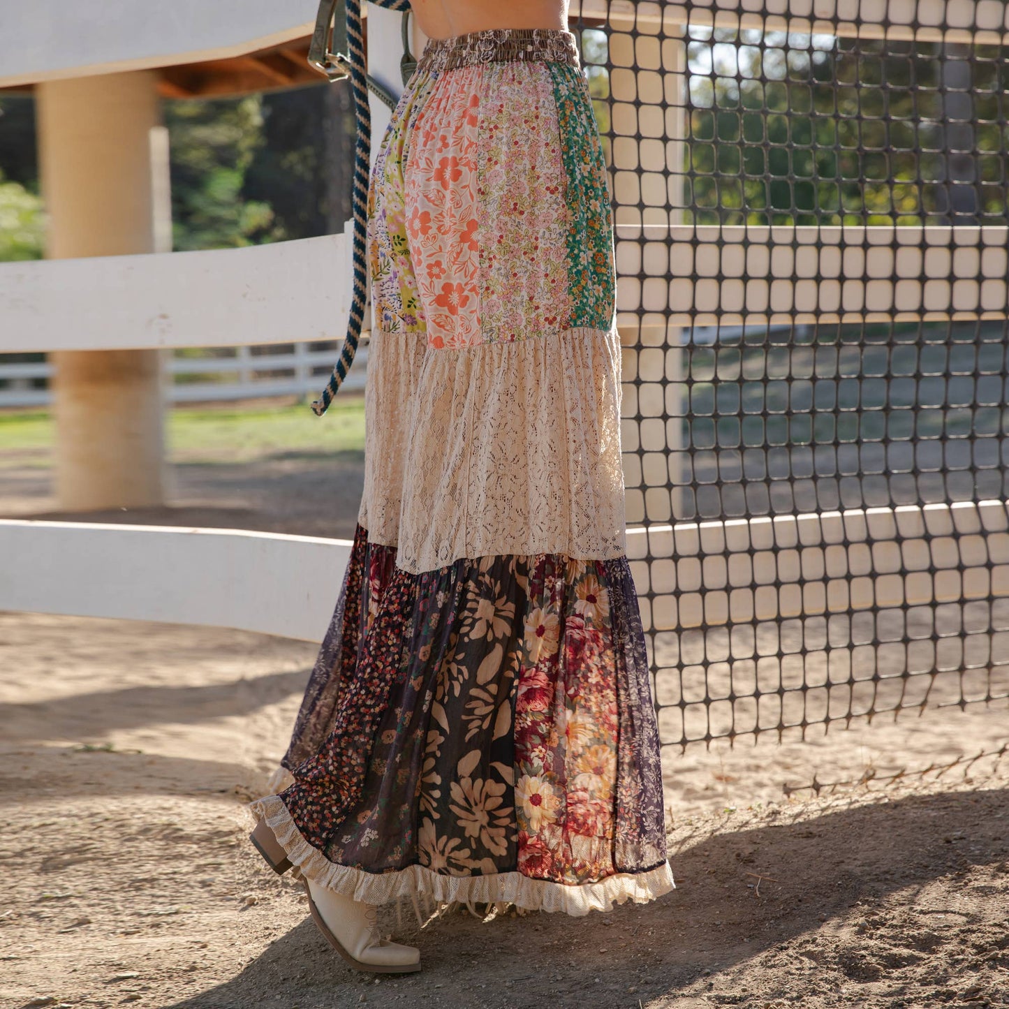 Boho Patchwork Print Tiered Lace Flare Pants