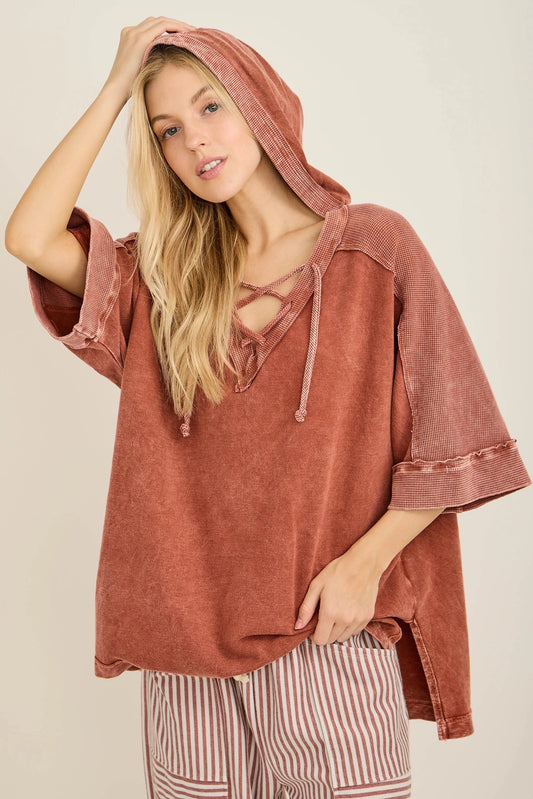 Mineral Wash Criss Cross Hoodie Top