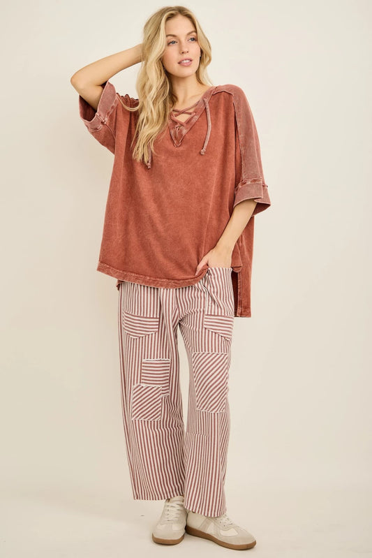 Mineral Wash Criss Cross Hoodie Top