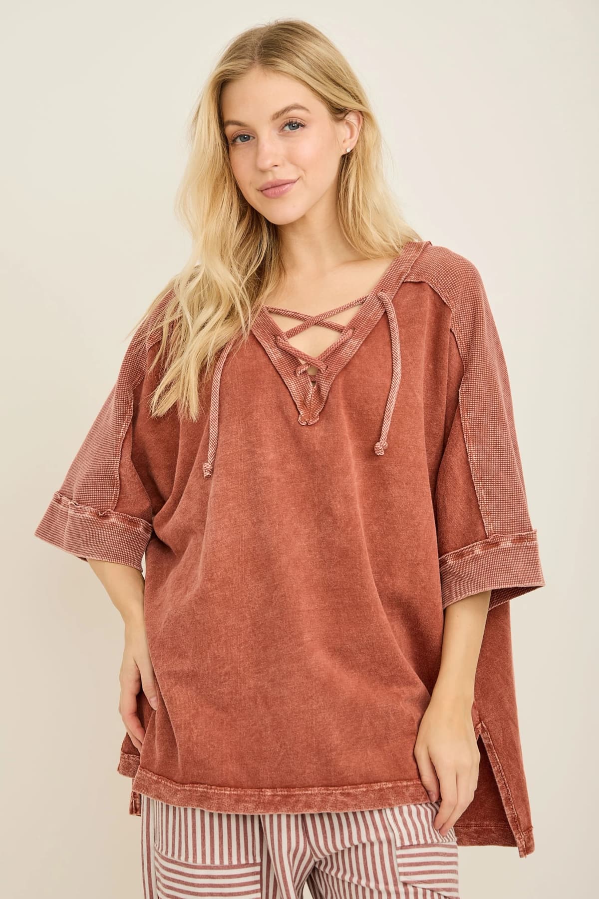 Mineral Wash Criss Cross Hoodie Top