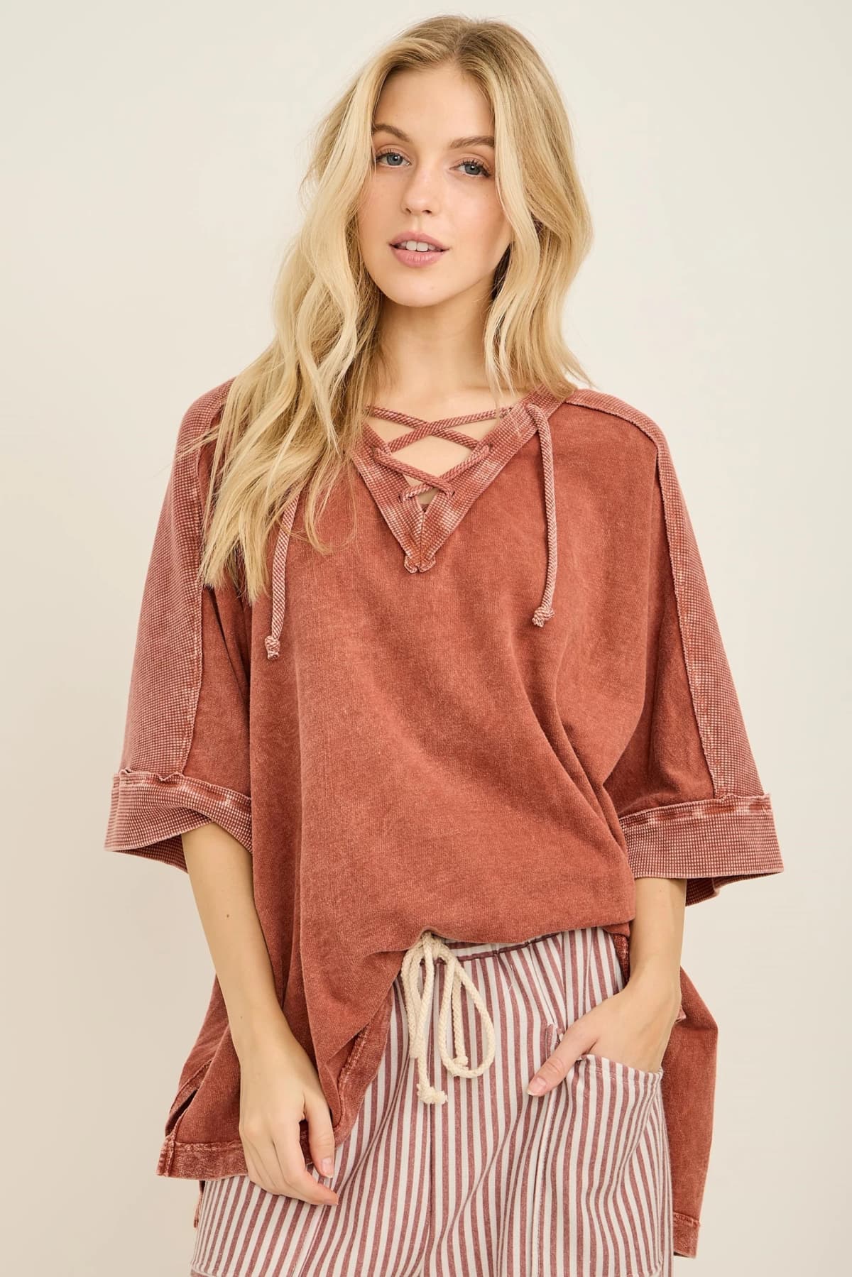 Mineral Wash Criss Cross Hoodie Top
