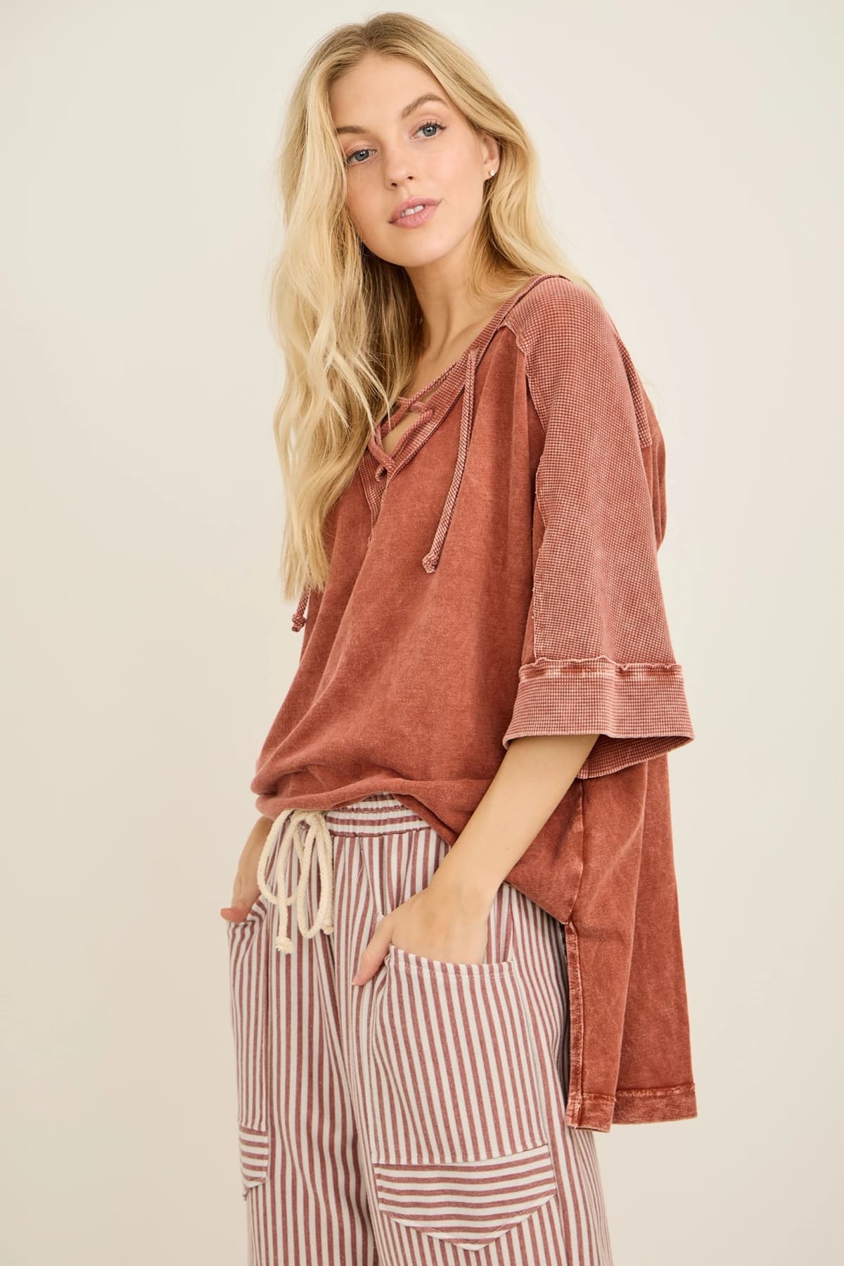 Mineral Wash Criss Cross Hoodie Top