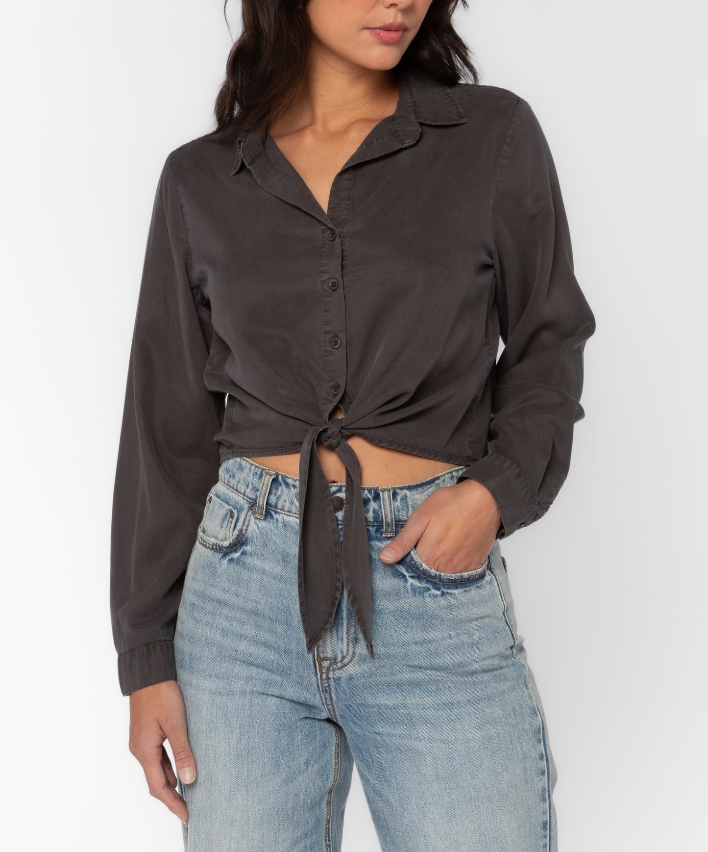 Slate Button-Up Tie Front Top