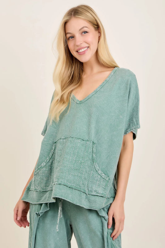 Mineral Washed Eyelet Kangaroo Pocket Top