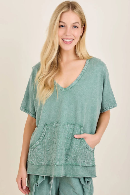 Mineral Washed Eyelet Kangaroo Pocket Top