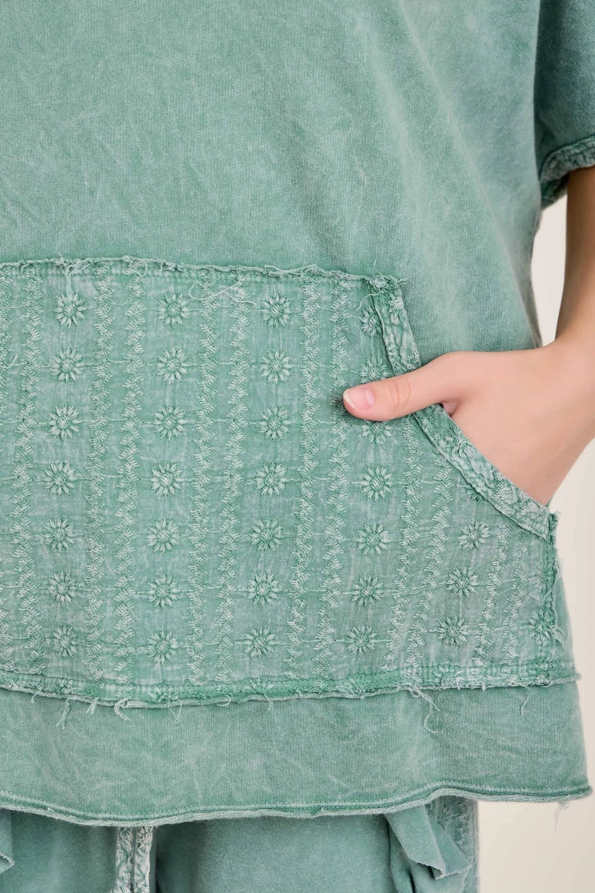 Mineral Washed Eyelet Kangaroo Pocket Top