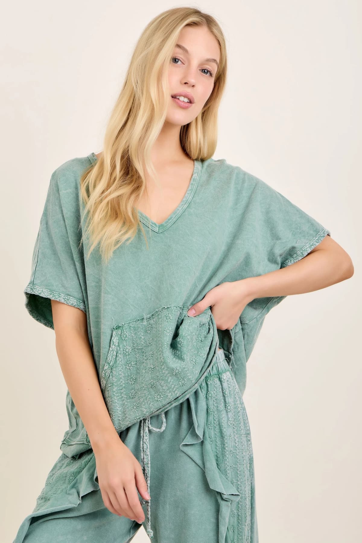 Mineral Washed Eyelet Kangaroo Pocket Top