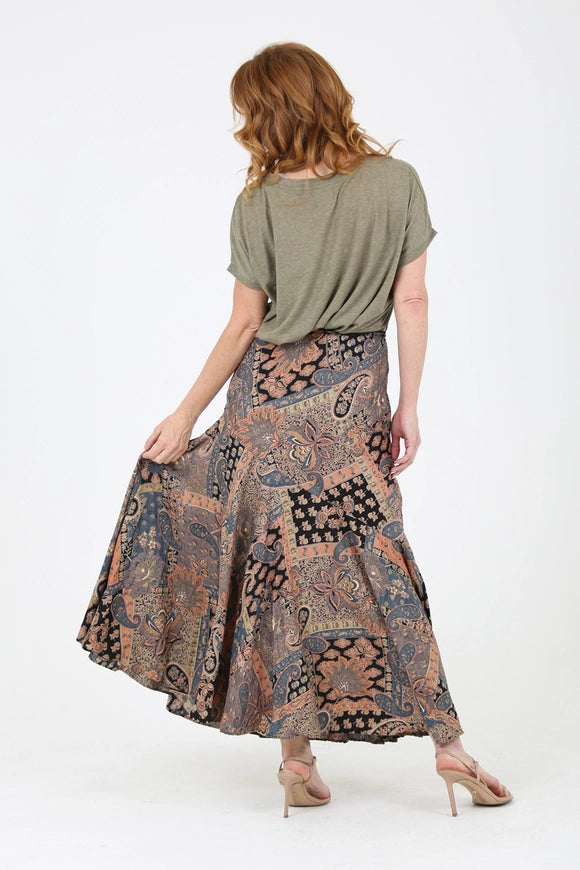 Lola P Patchwork Paisley Printed Bias Cut Maxi Skirt
