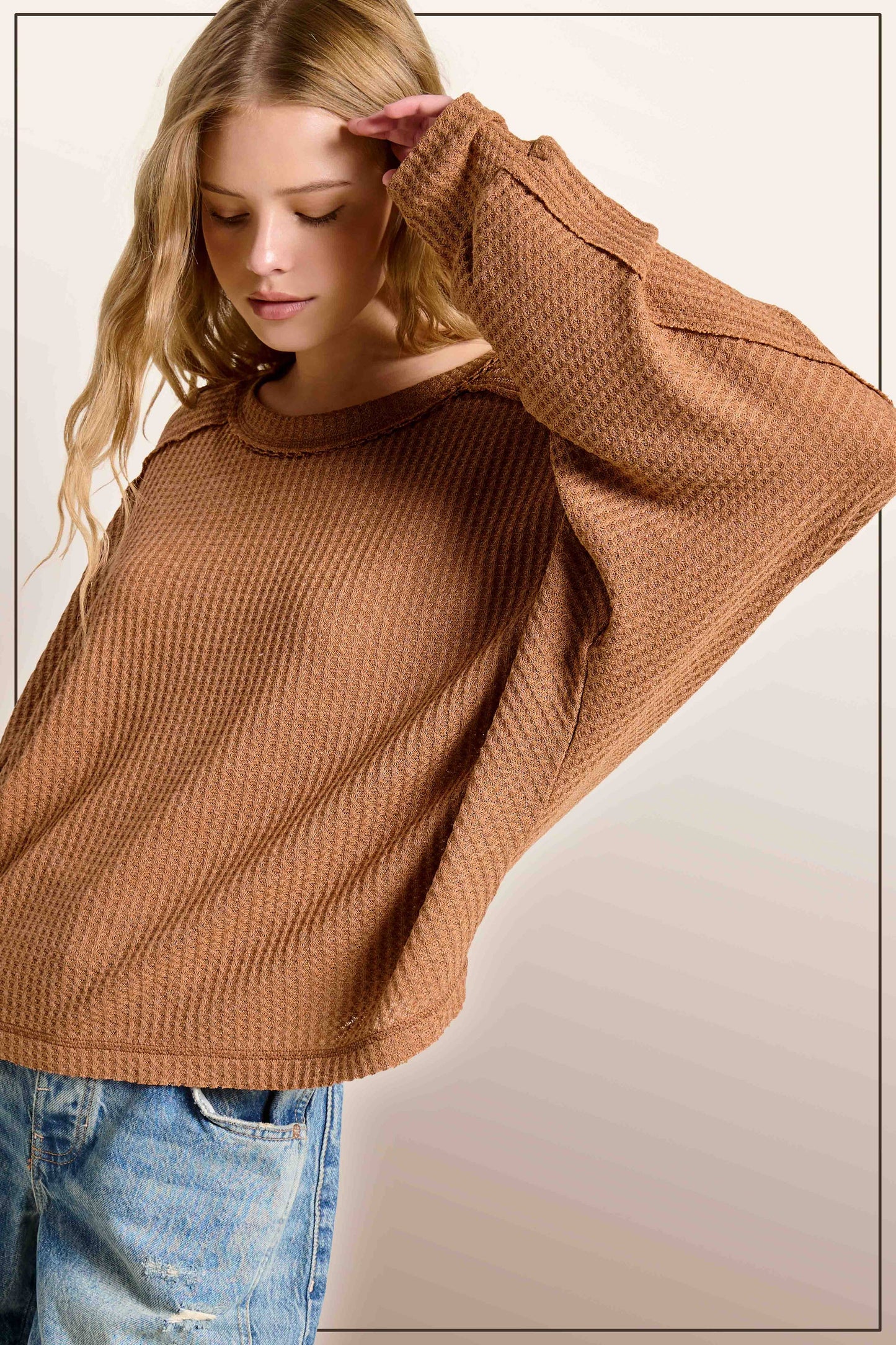 Brushed Waffle Loose Fit Long Sleeve Top - Ginger and Charcoal