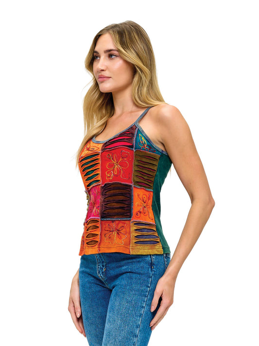 Boho Razor Cut Patch Embroidered Tank Top 