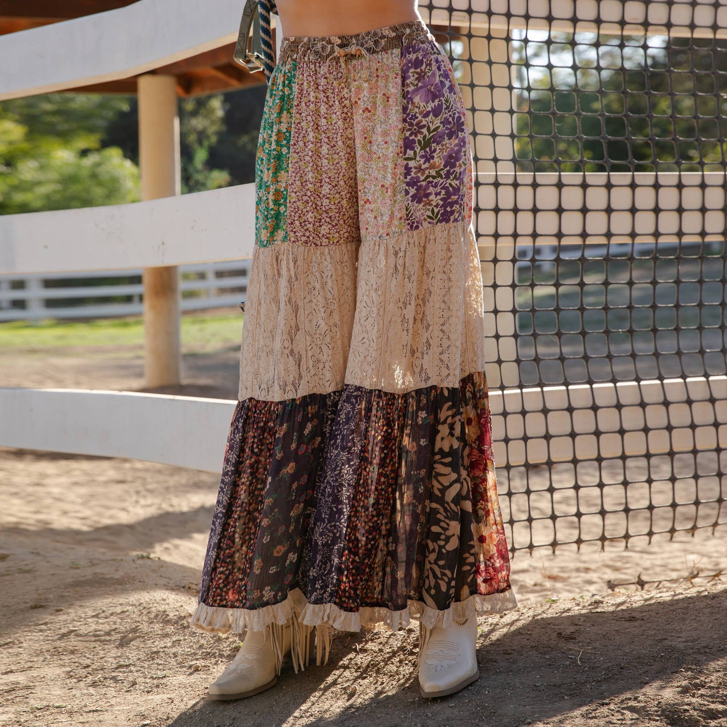 Boho Patchwork Print Tiered Lace Flare Pants
