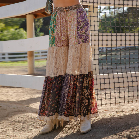 Boho Patchwork Print Tiered Lace Flare Pants