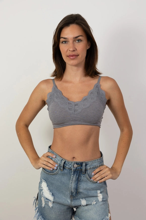 Soft Lace Trim Ribbed Padded Seamless Bralette