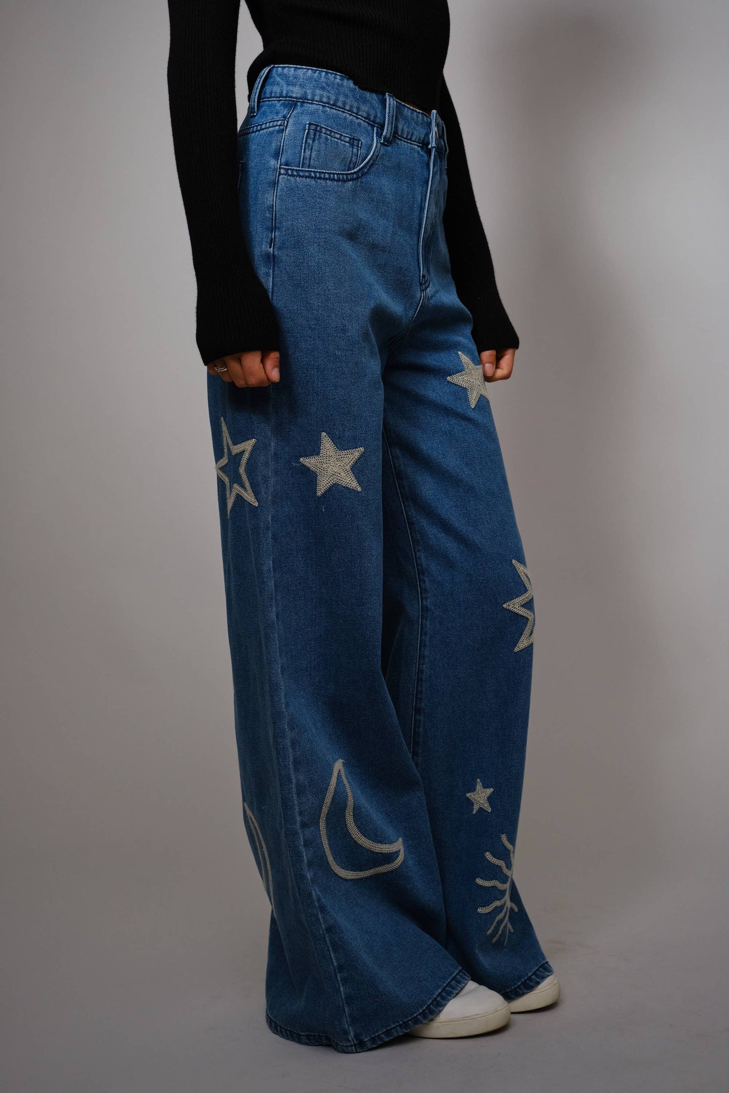 Moon And Star Embroidered Wide Leg Denim Jean