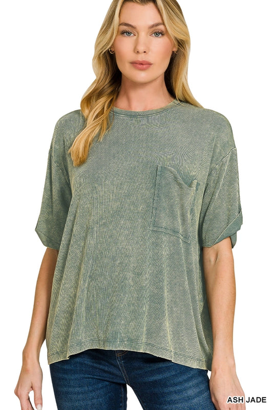 Washed Ribbed Cuffed Sleeve Top - 9 colors