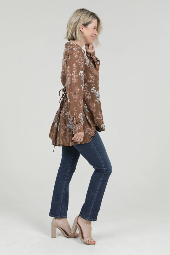 Lace Up Back Button Down Acid Wash Floral Top
