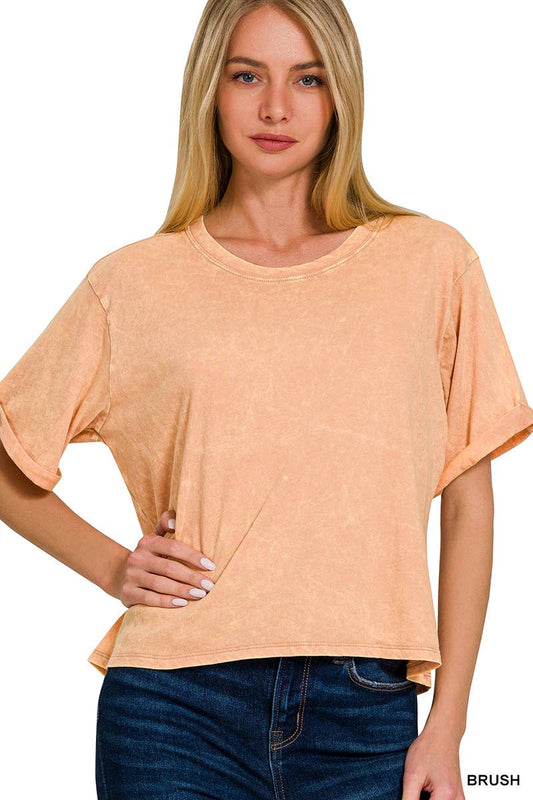 Washed Crew Neck Crop T-Shirt - Brush, Fushia