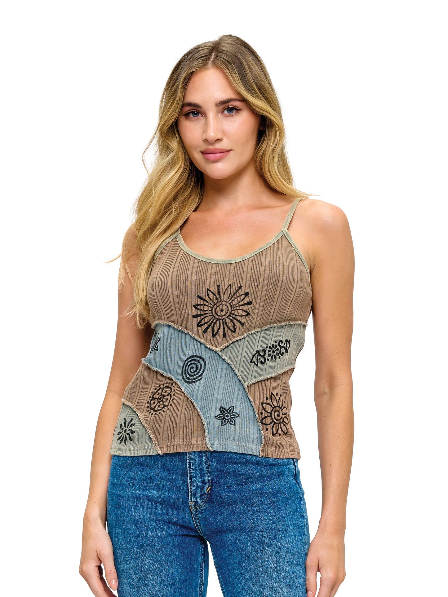Boho Patchwork Ribbed Tank Top - Brown