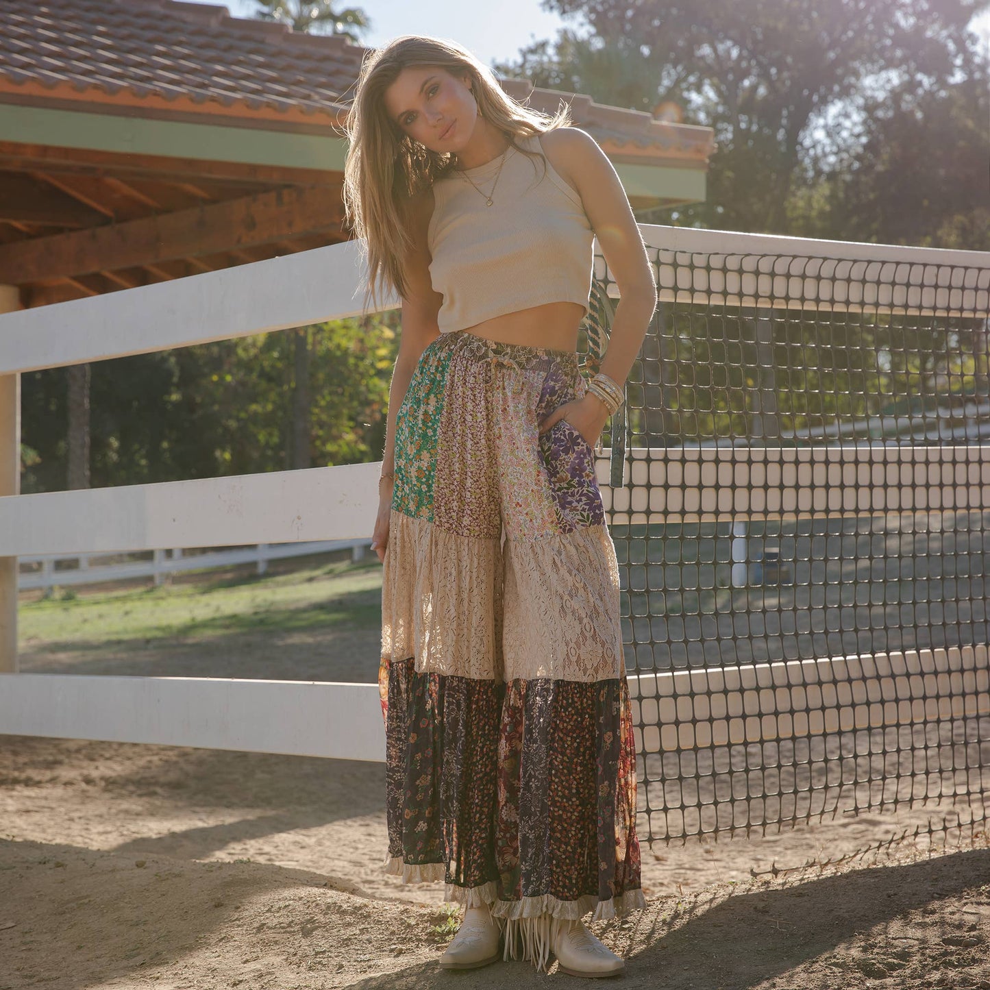 Boho Patchwork Print Tiered Lace Flare Pants