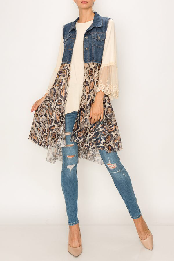 Denim Vest With Flowy Animal Print Lace
