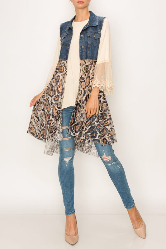 Denim Vest With Flowy Animal Print Lace