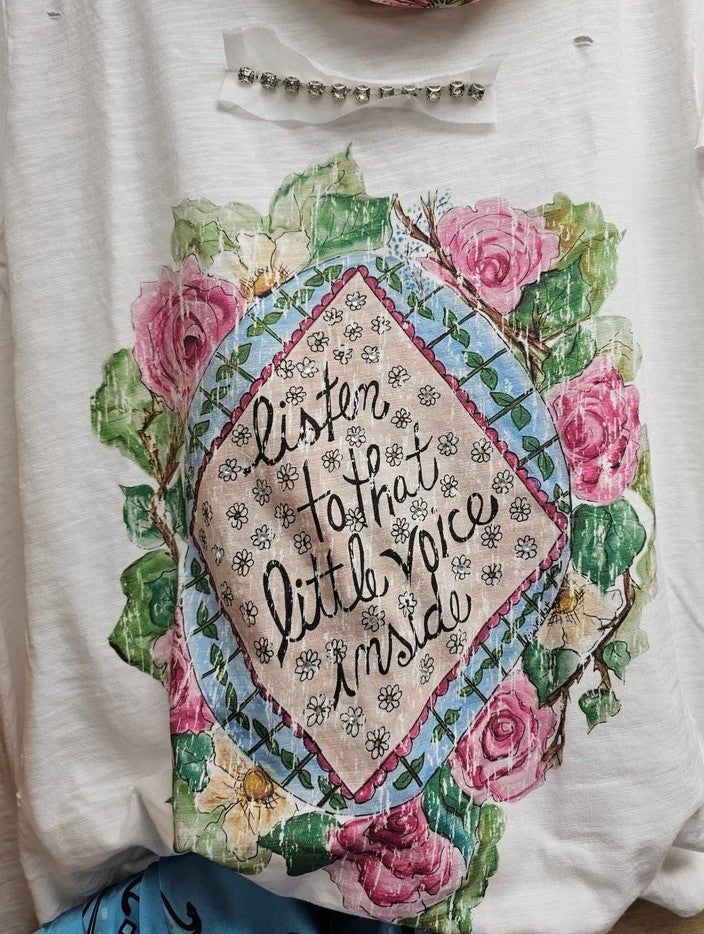 Listen To That Little Voice Inside 3/4 Sleeve Tattered Tee