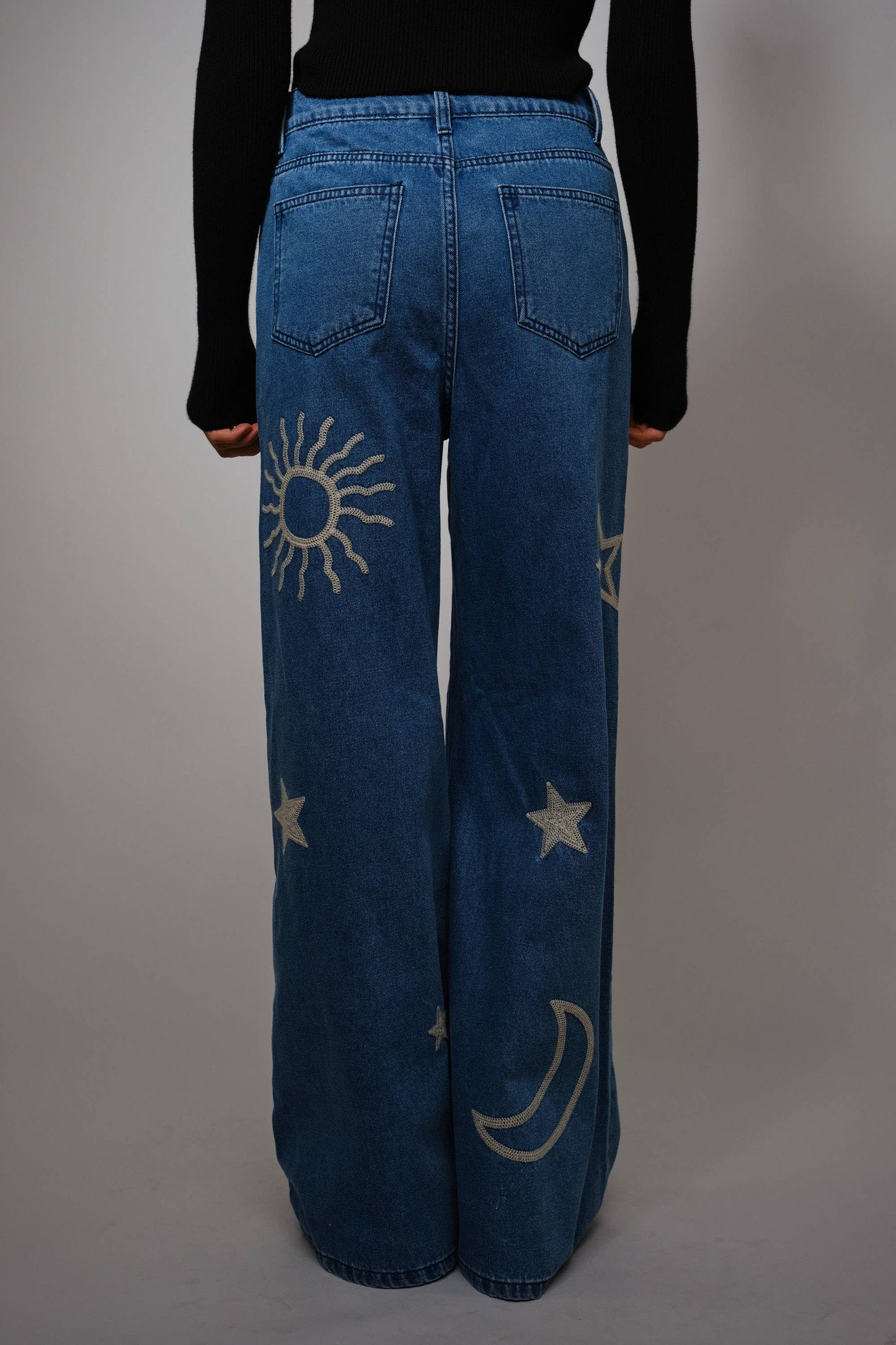Moon And Star Embroidered Wide Leg Denim Jean
