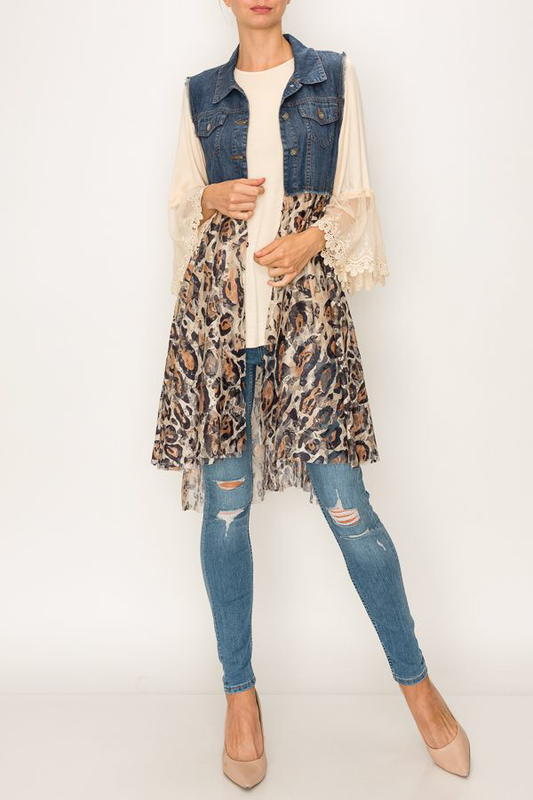 Denim Vest With Flowy Animal Print Lace