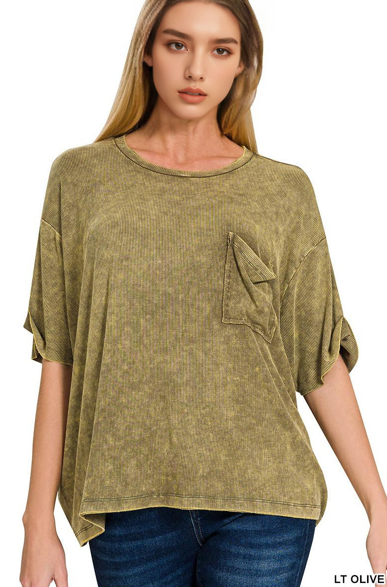Washed Ribbed Cuffed Sleeve Top - Mocha, Light Olive