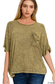 Washed Ribbed Cuffed Sleeve Top - Mocha, Light Olive