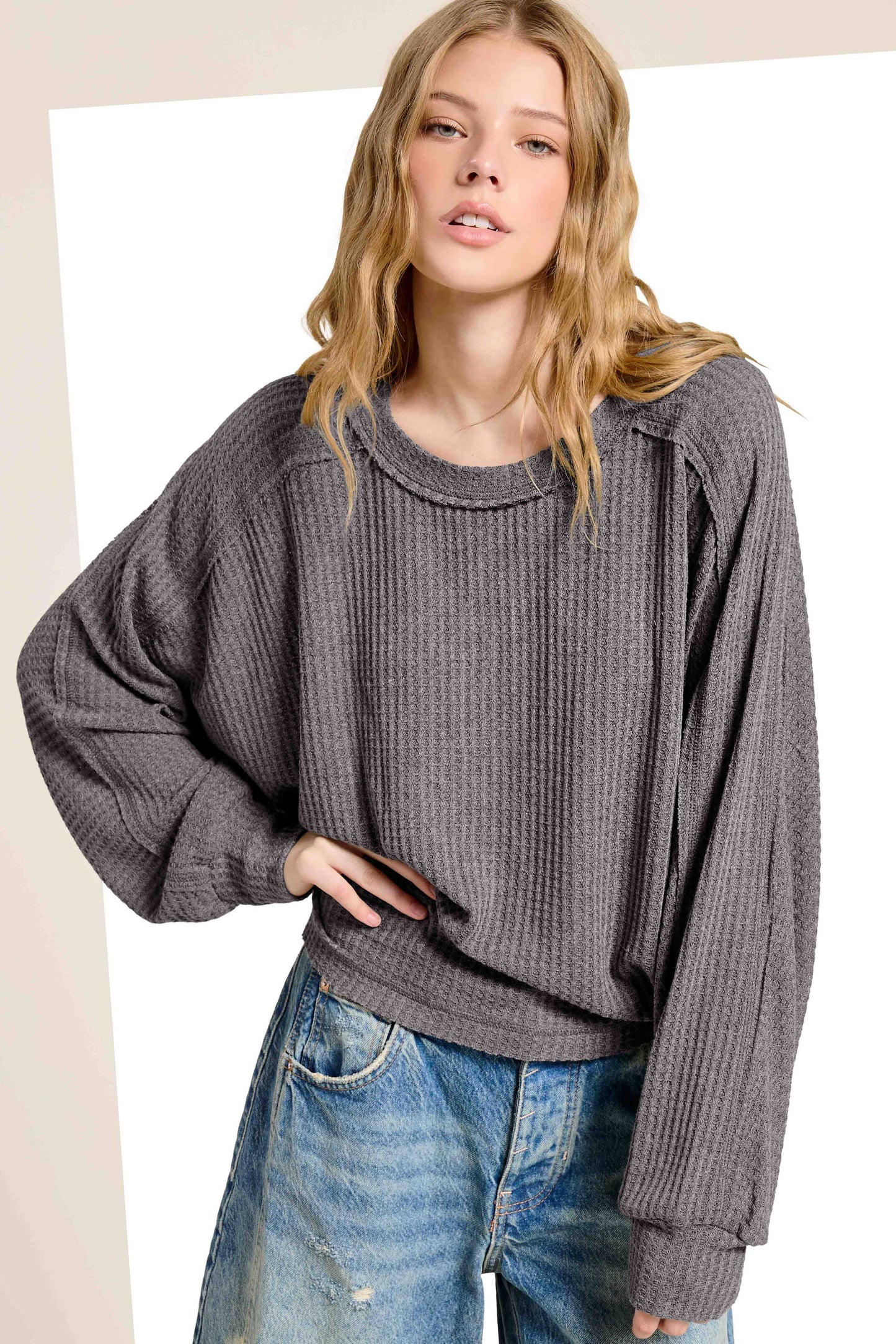 Brushed Waffle Loose Fit Long Sleeve Top - Ginger and Charcoal