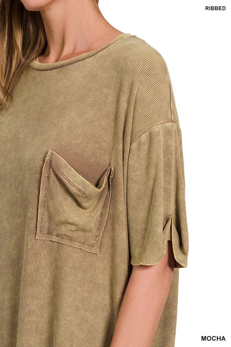 Washed Ribbed Cuffed Sleeve Top - Mocha, Light Olive