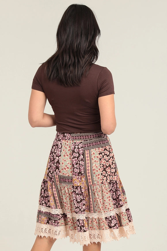 Tiered Lace Trim Midi Length Skirt