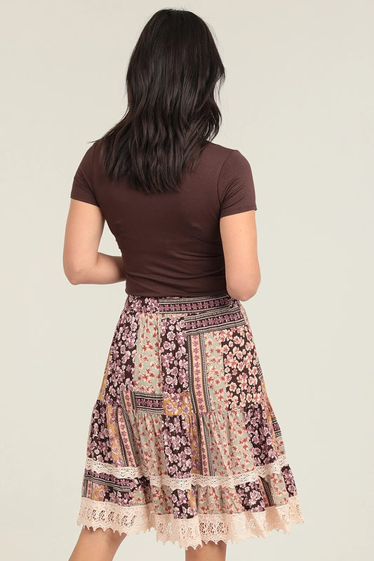 Tiered Lace Trim Midi Length Skirt
