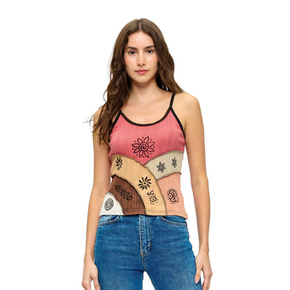 Boho Patchwork Ribbed Tank Top - Rust