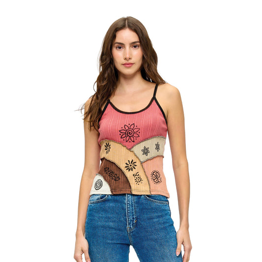 Boho Patchwork Ribbed Tank Top - Rust