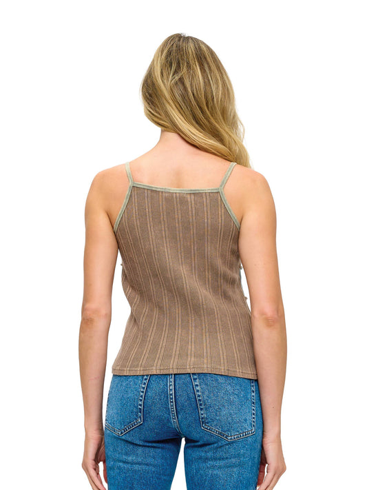 Boho Patchwork Ribbed Tank Top - Brown