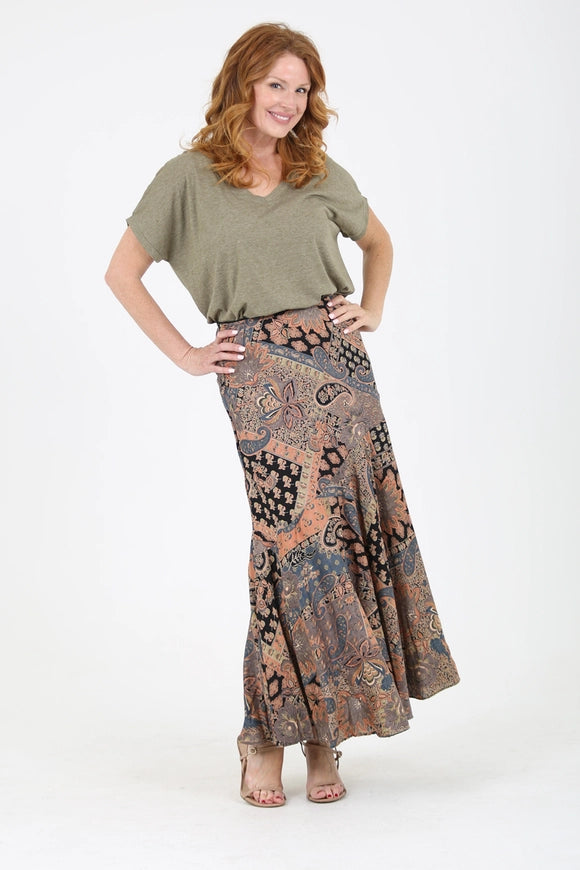Lola P Patchwork Paisley Printed Bias Cut Maxi Skirt